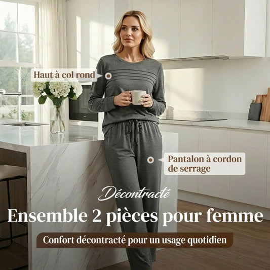 ⏳Spécial à durée limitée⏰Ensemble Femme Confort – Haut Ras du Cou & Pantalon à Cordon 👕👖